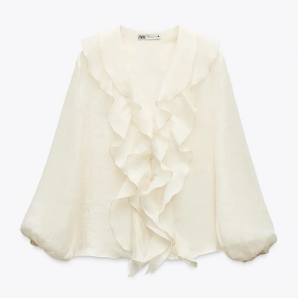 Zara NWT Romantic Victorian Ivory V Neck Long Puff Sleeve Ruffled Blouse (XS)